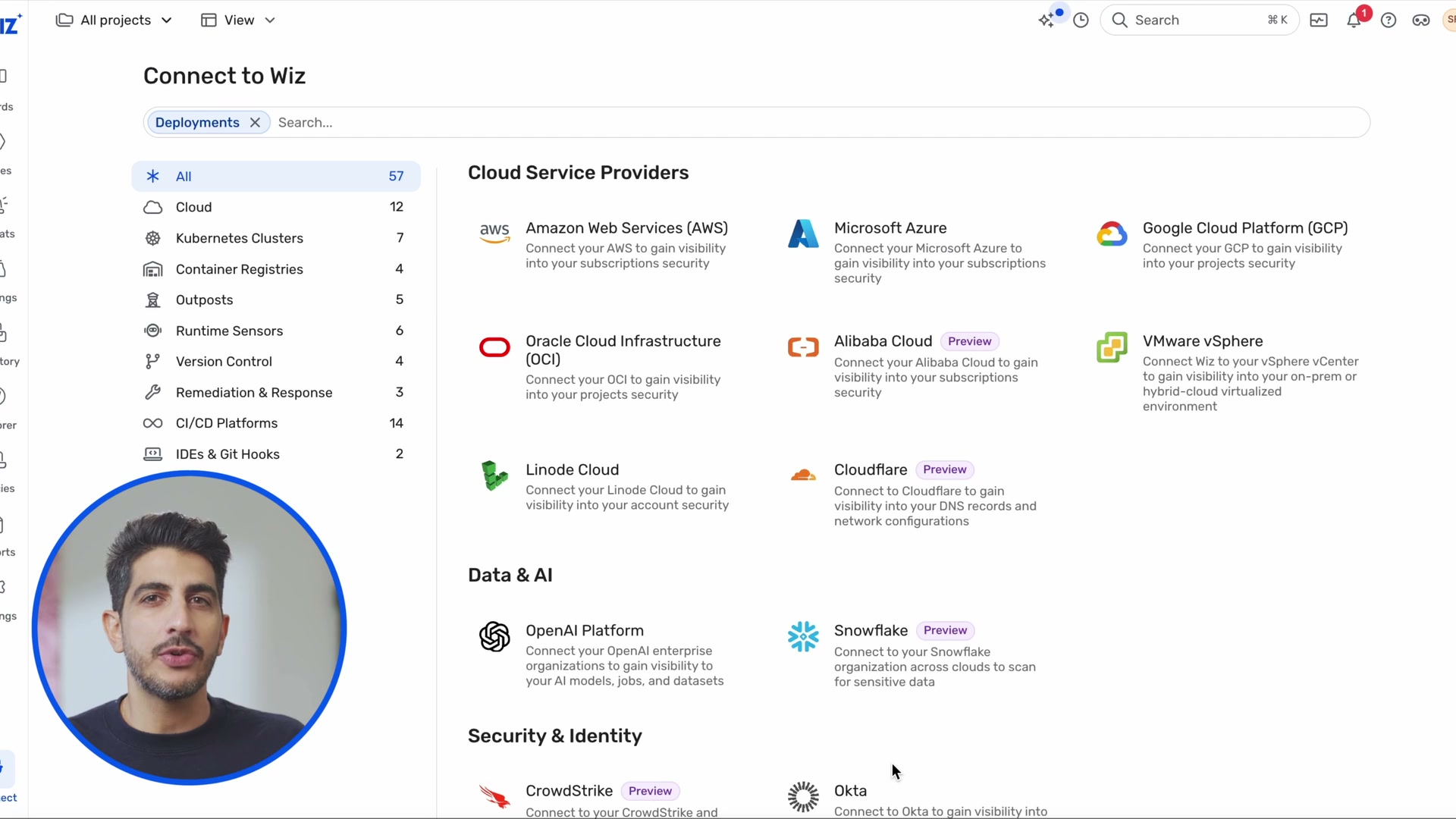 Wiz connector hub showing cloud providers, Data & AI, Security & Identity integrations