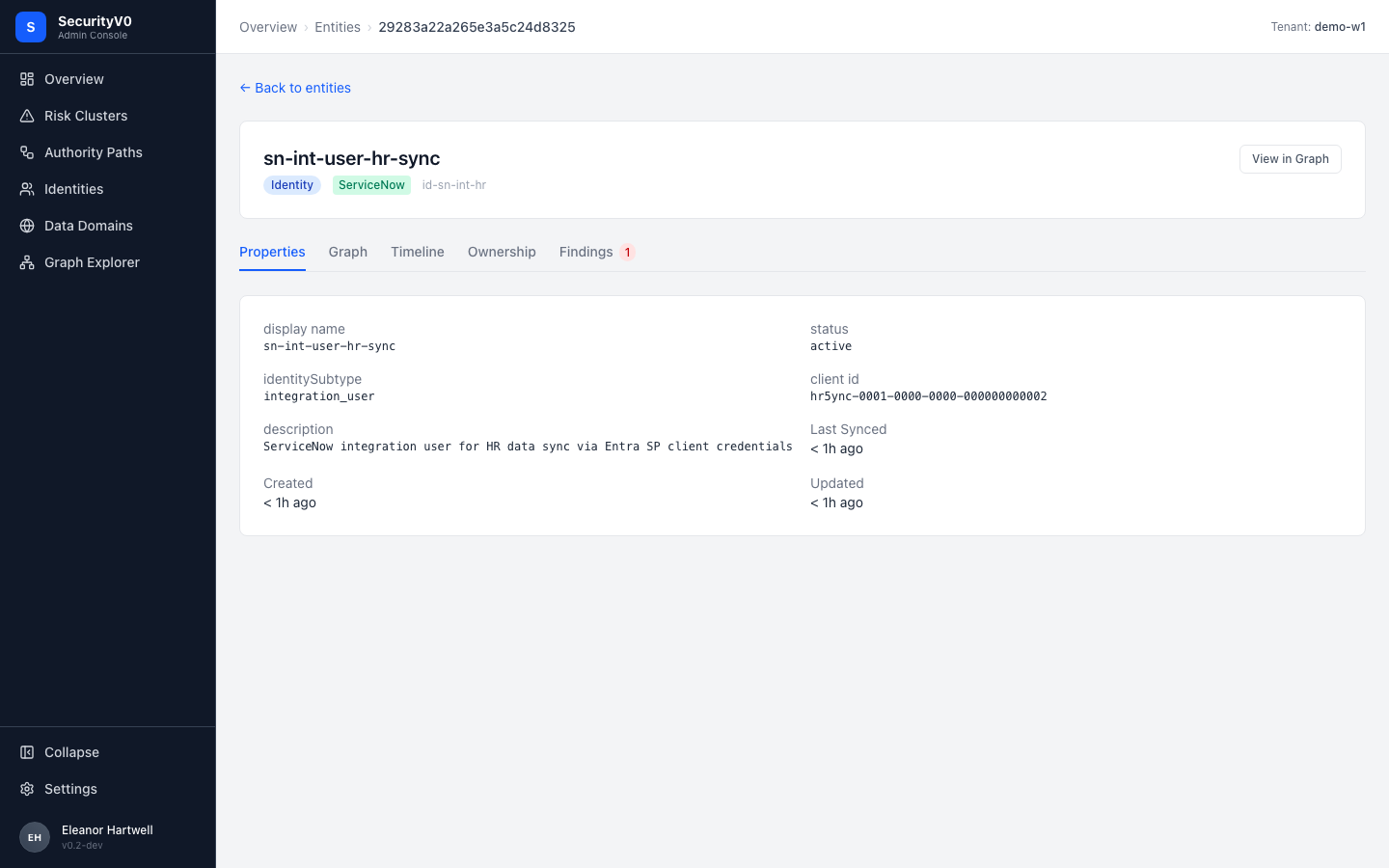 Entity Detail page for sn-int-user-hr-sync showing Properties, Graph, Timeline, Ownership, and Findings tabs