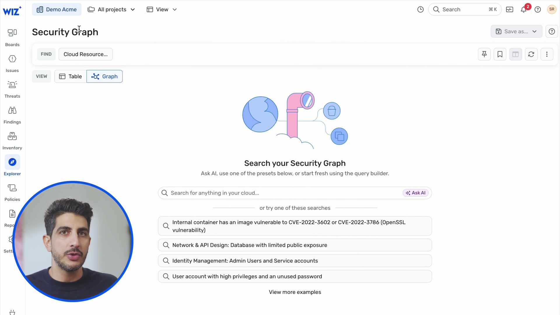 Graph Explorer landing page with AI search bar and preset query cards