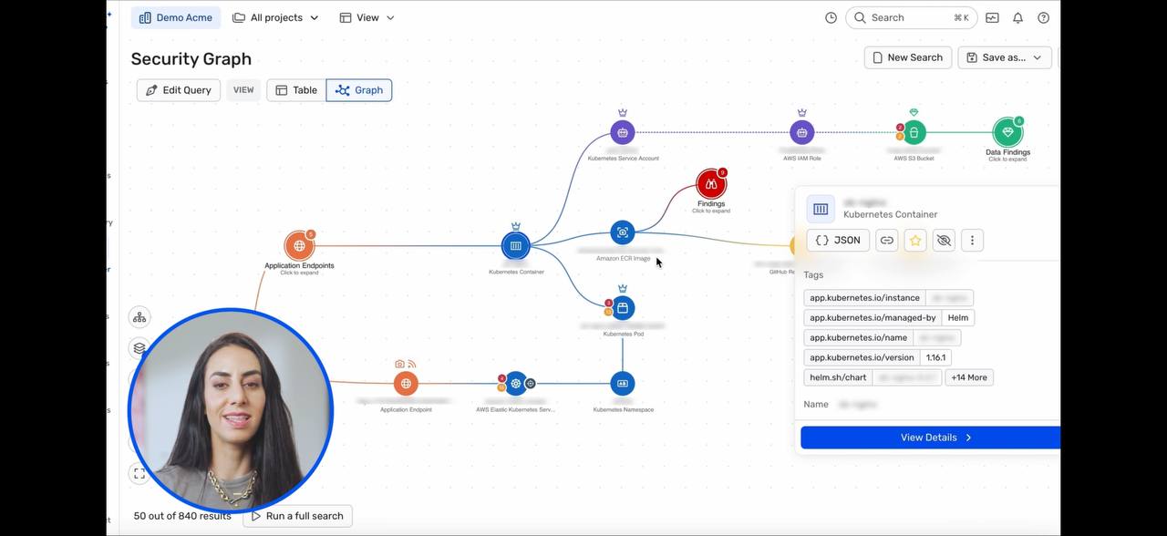 Node hover card showing Kubernetes Container metadata with JSON and tags view