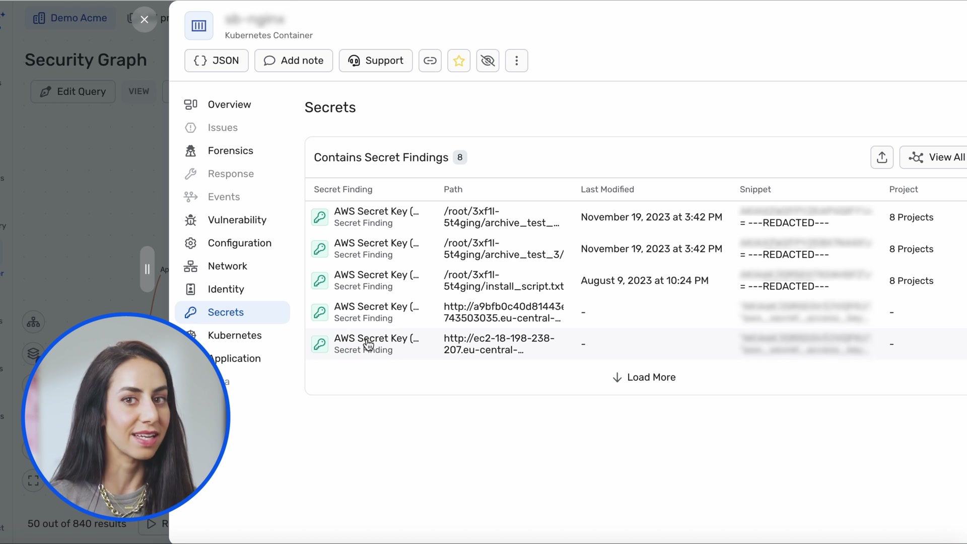 Node detail panel showing Secrets tab with AWS Secret Keys found in container paths
