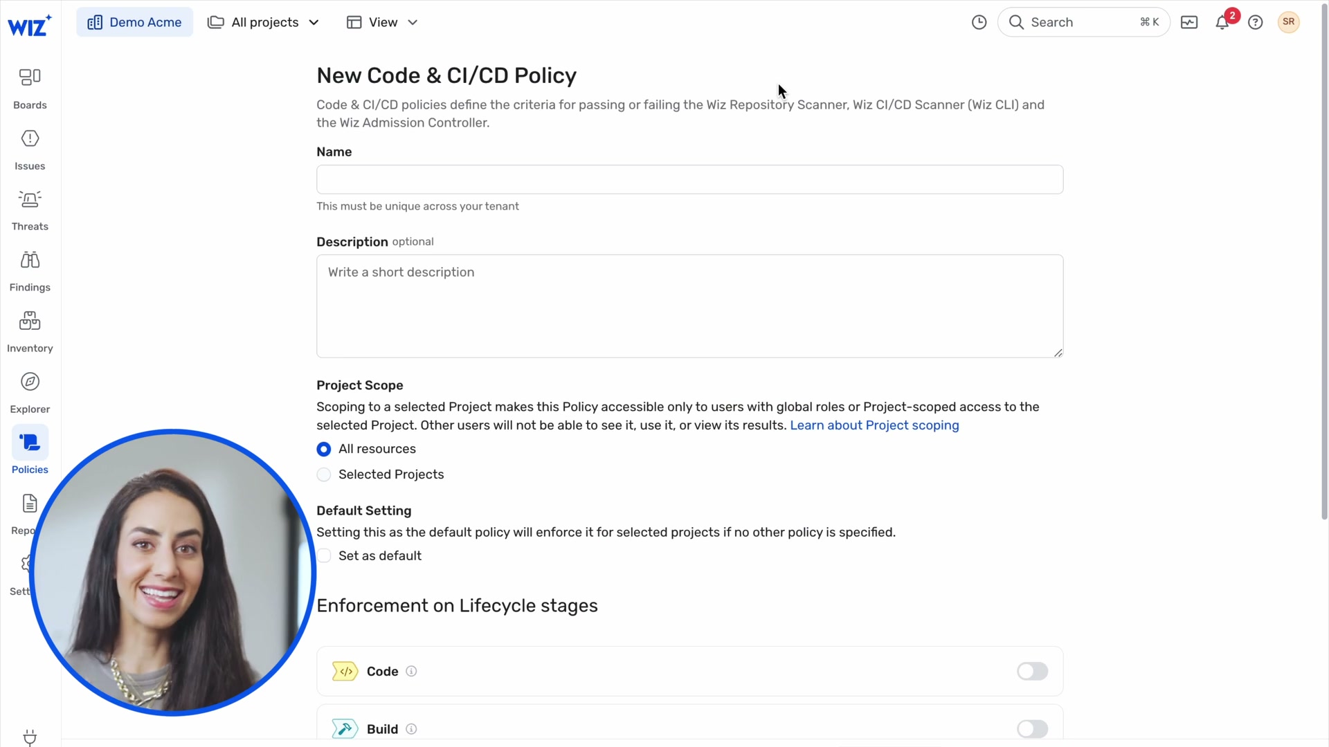 Policy engine showing CI/CD policy creation with lifecycle stage toggles
