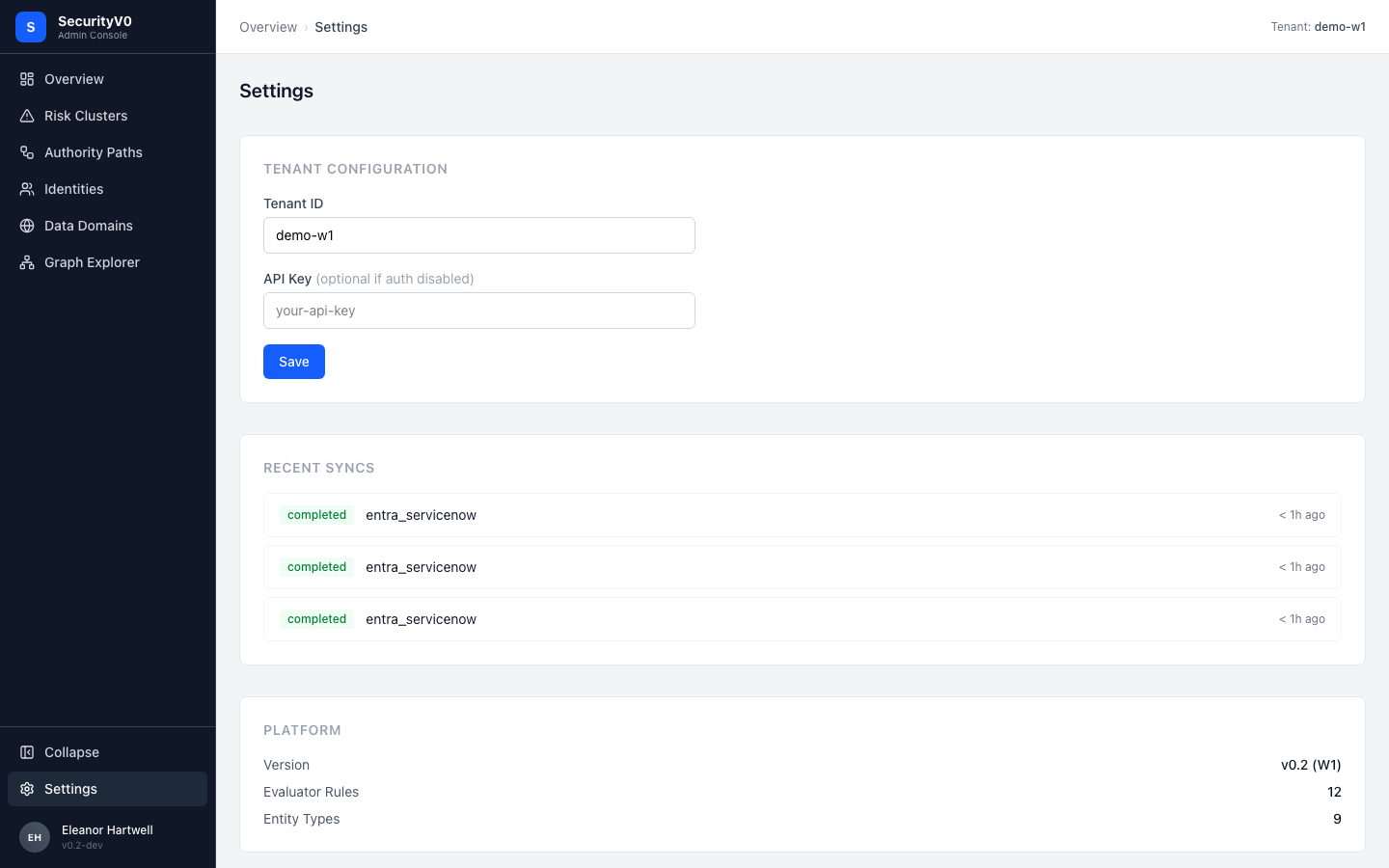 Settings page with tenant configuration and sync history