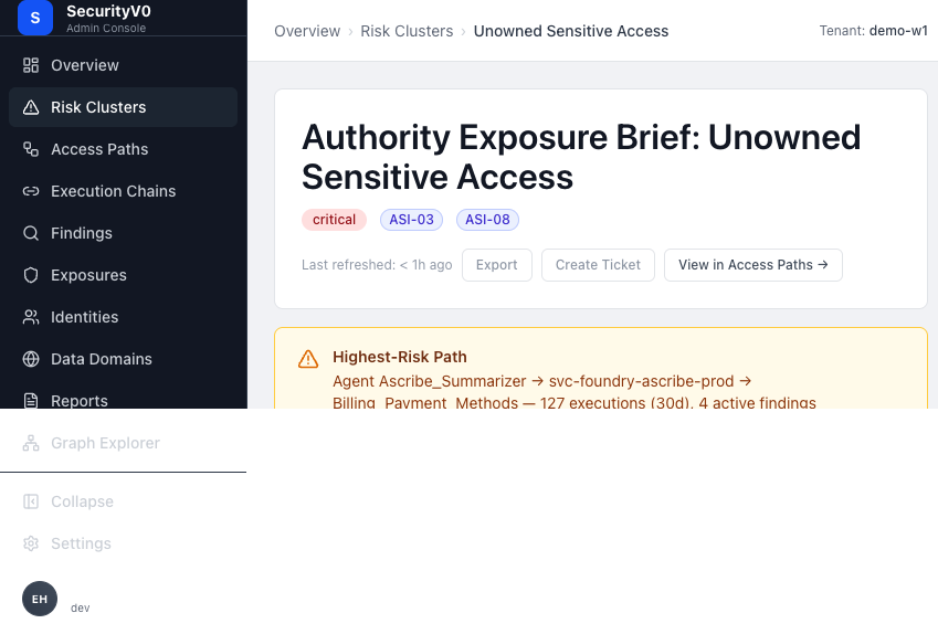 SecurityV0 Risk Cluster Detail