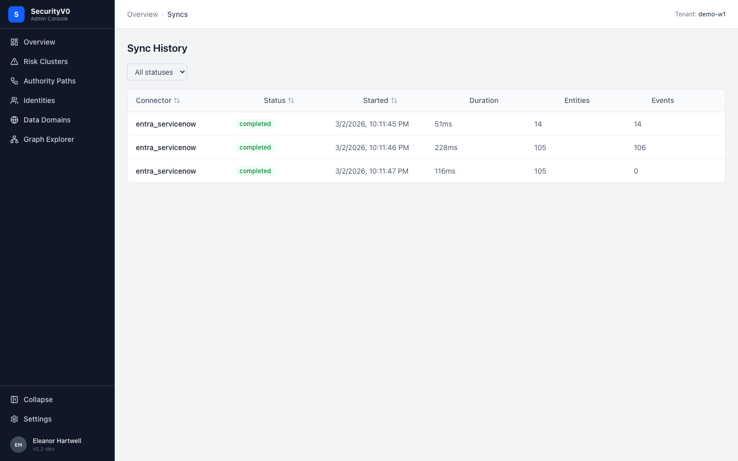 Syncs page showing 3 completed entra_servicenow syncs