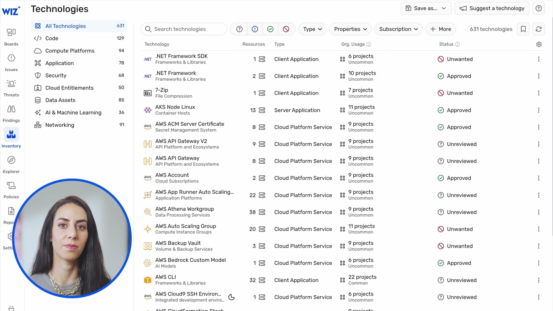 Wiz technologies inventory: 631 auto-discovered technologies with approval workflow
